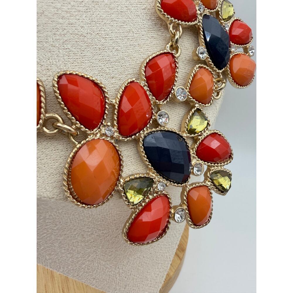 Orange Black Statement Bib Necklace | Faceted Gem Collar - Picture 3 of 3